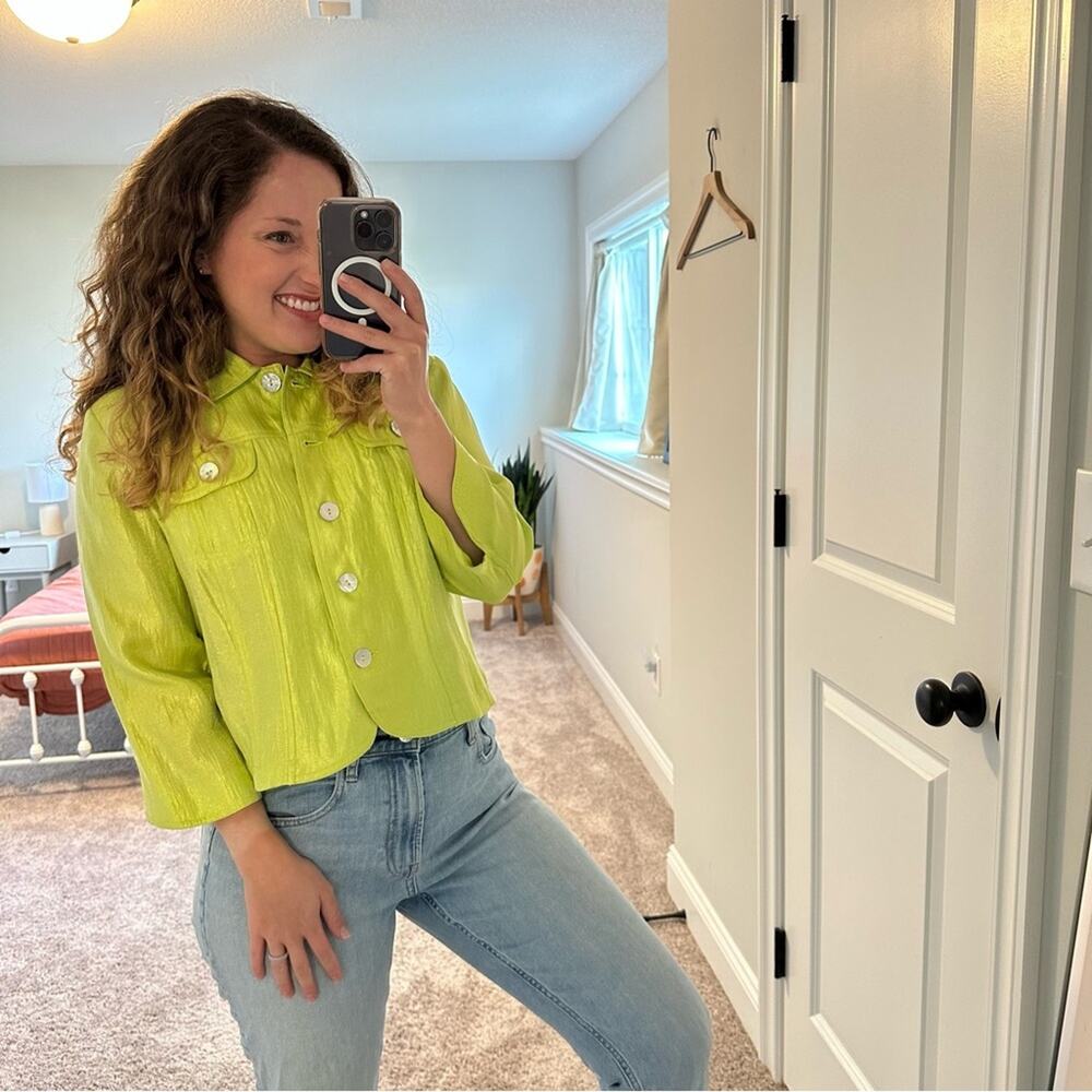 Ruby Rd Petite Lime Green Shell Cropped Jacket 12P - Picture 6 of 8